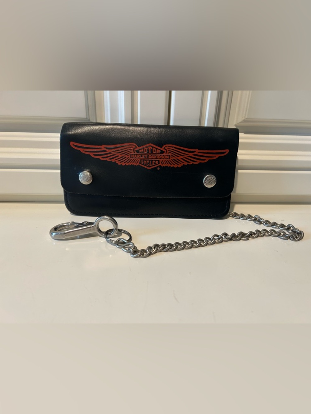 VintageHarley-Davidson Black Leather Wallet Silver Chain